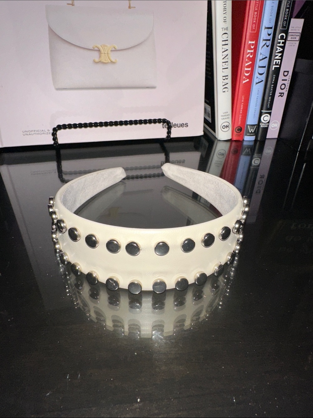 Studded White Faux Leather Headband with Silver Accents